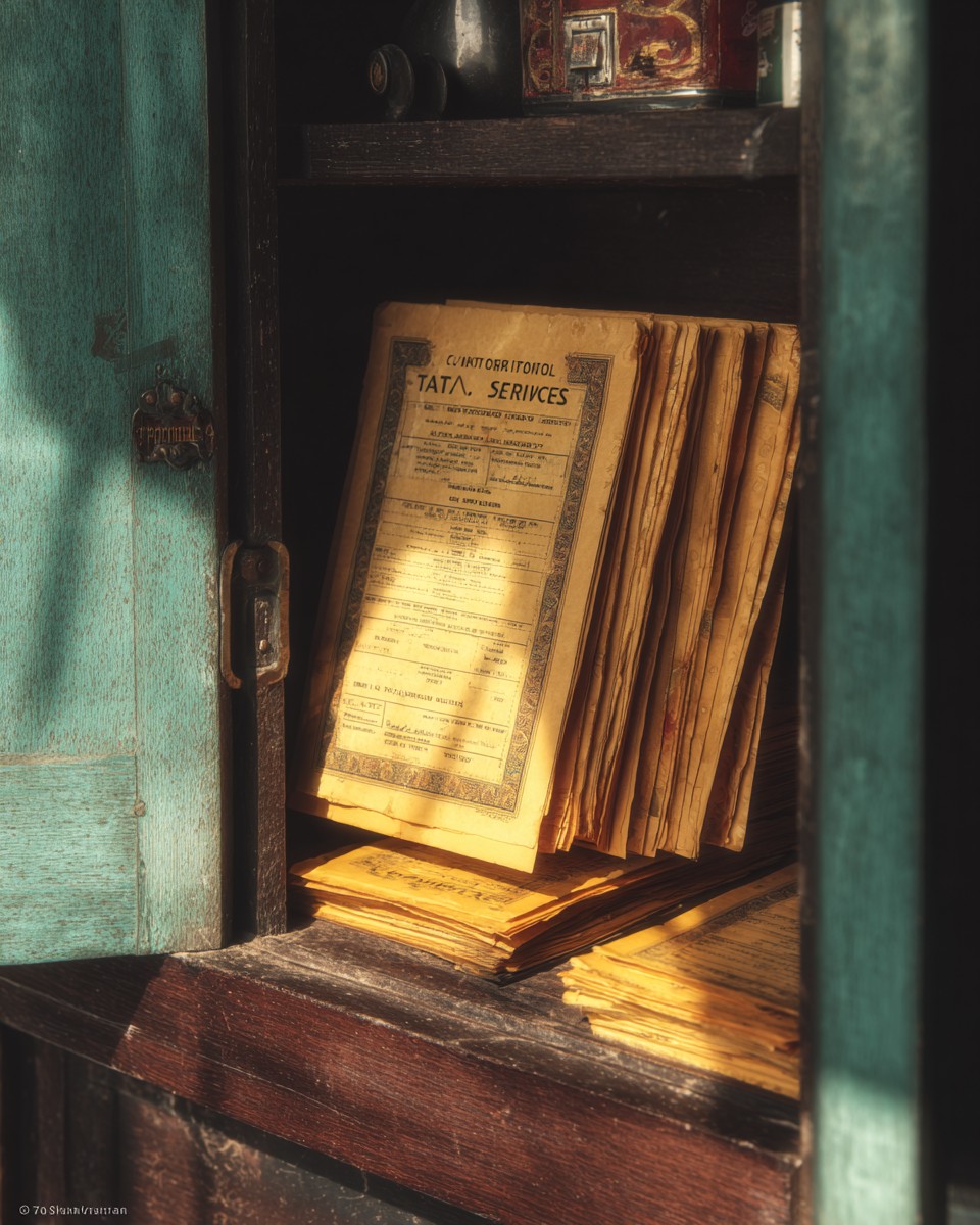 An old wooden cupboard in an Indian home, partially open, revealing yellowed TCS share certificates. Soft warm afternoon light.