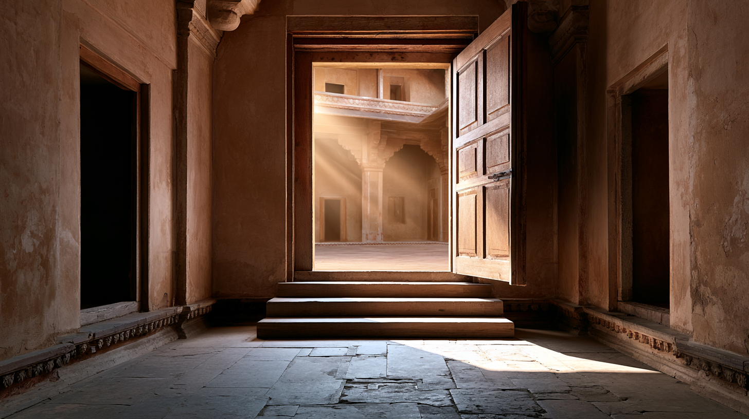 An Indian doorway viewed from inside, opening onto a sunlit courtyard.