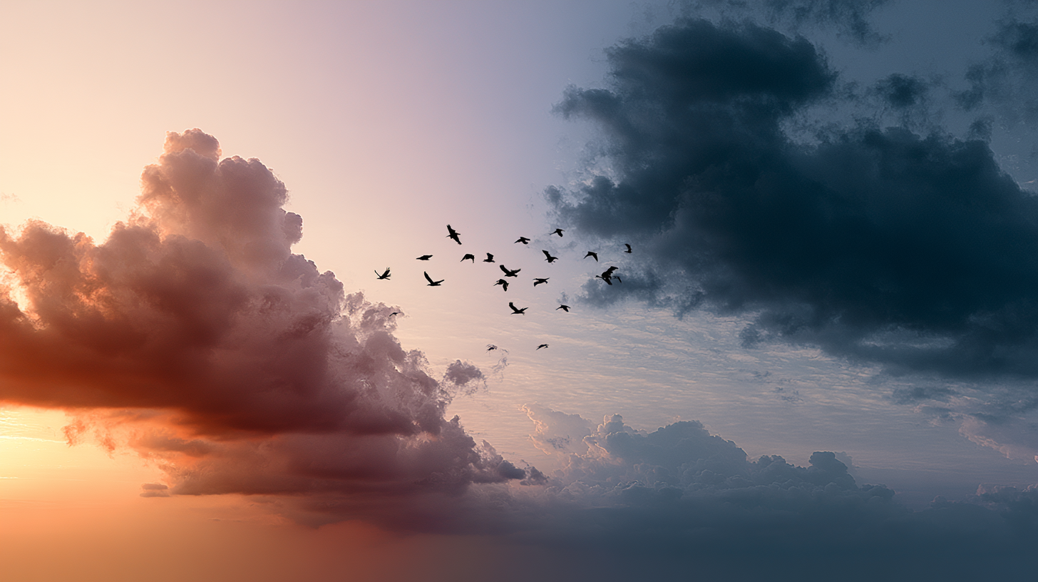 A symbolic Indian sky in two halves — morning warmth and twilight quiet.