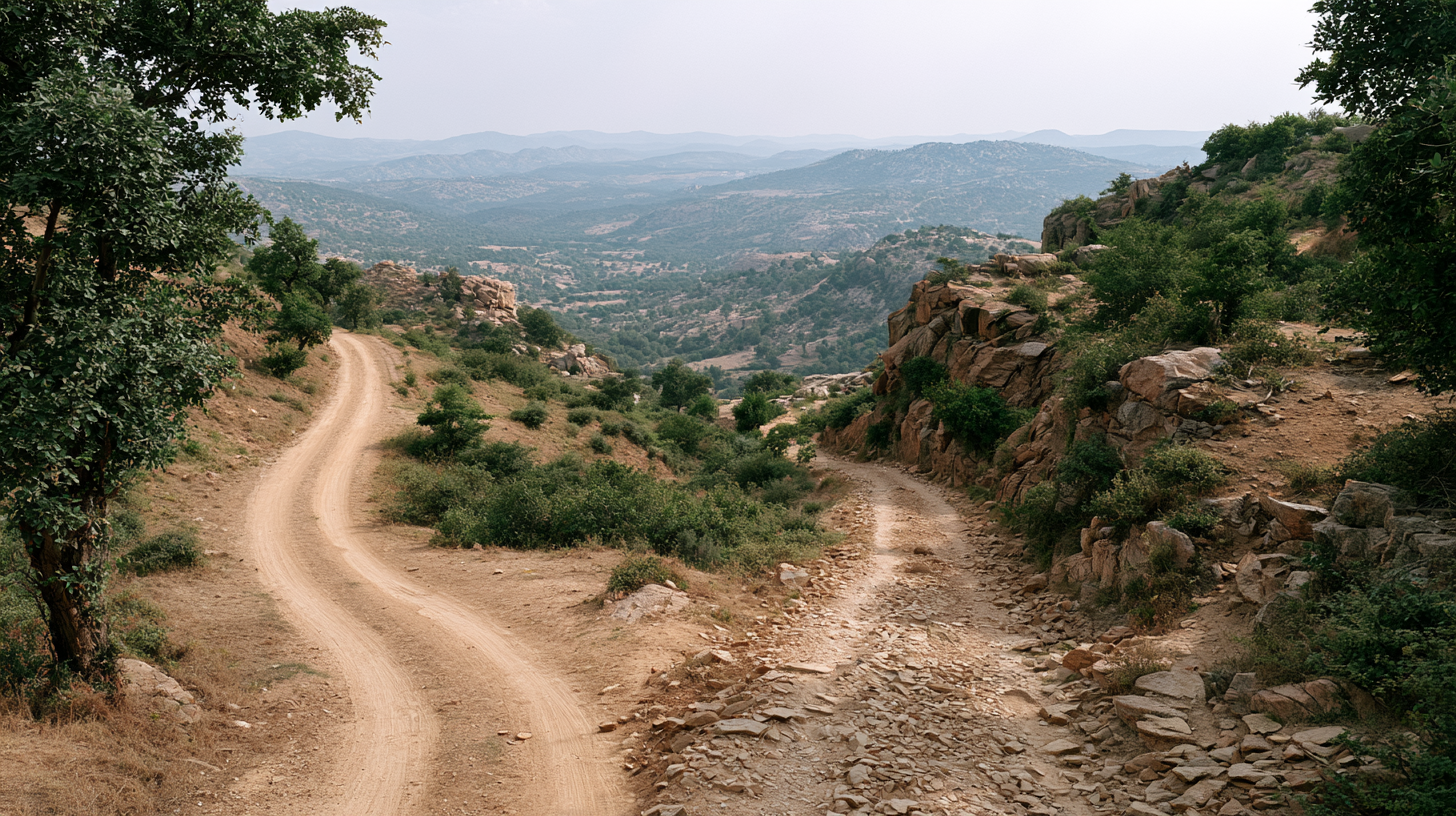 Two paths diverging in a soft Indian landscape.