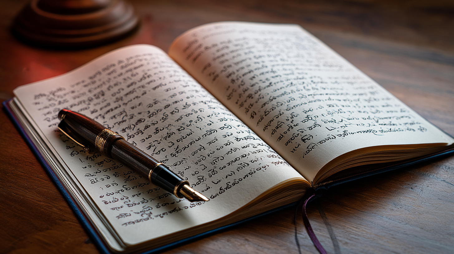 A handwritten Indian journal page, fountain pen resting on it.