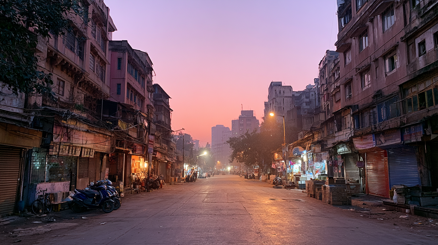 An Indian market street at dawn, first light.