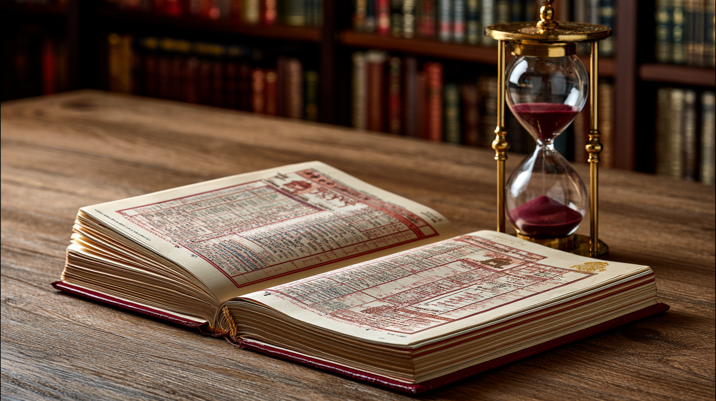 An open Indian almanac with an hourglass — pricing the future.