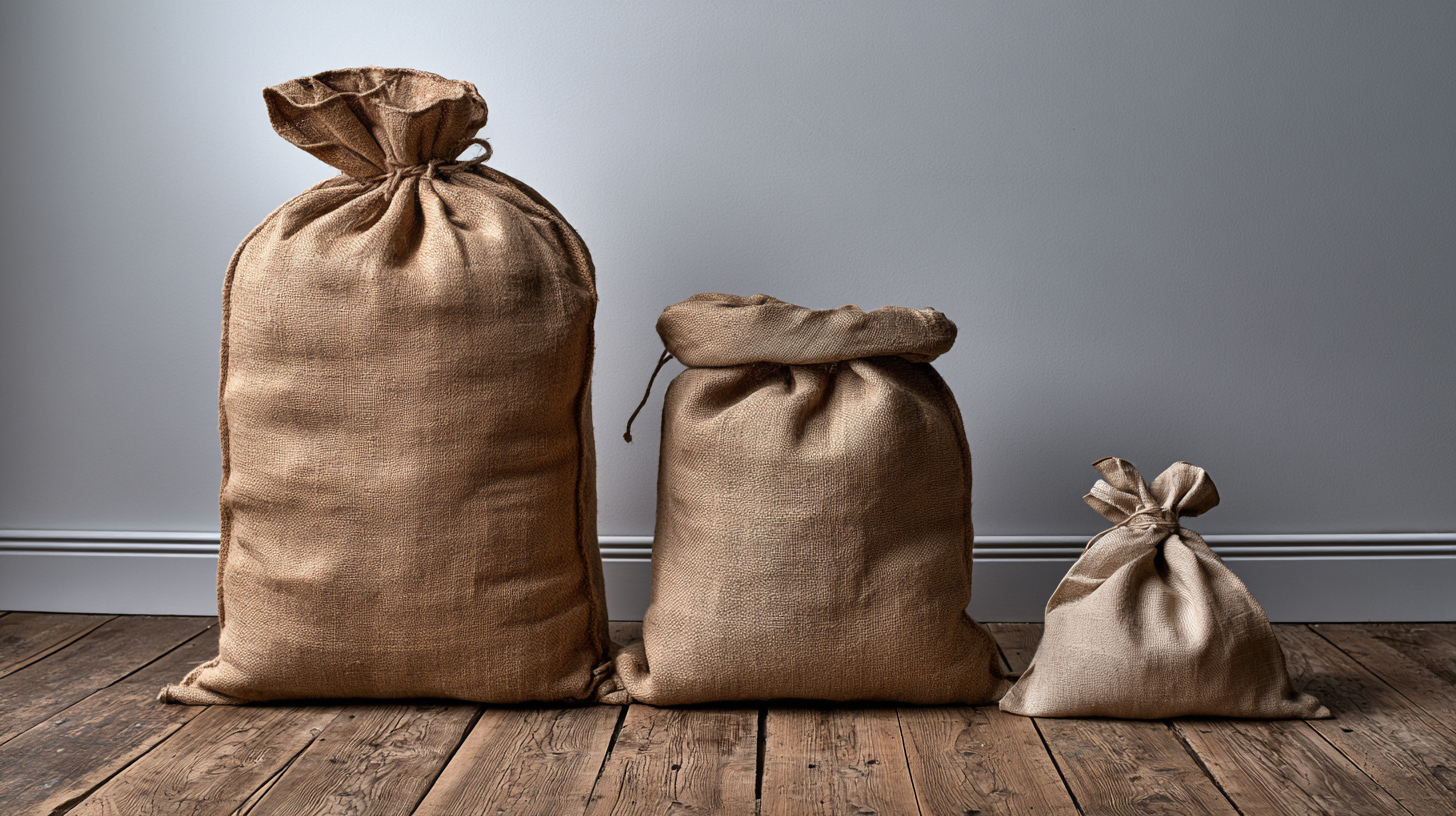 Three Indian jute sacks of clearly different sizes — large, mid, small.