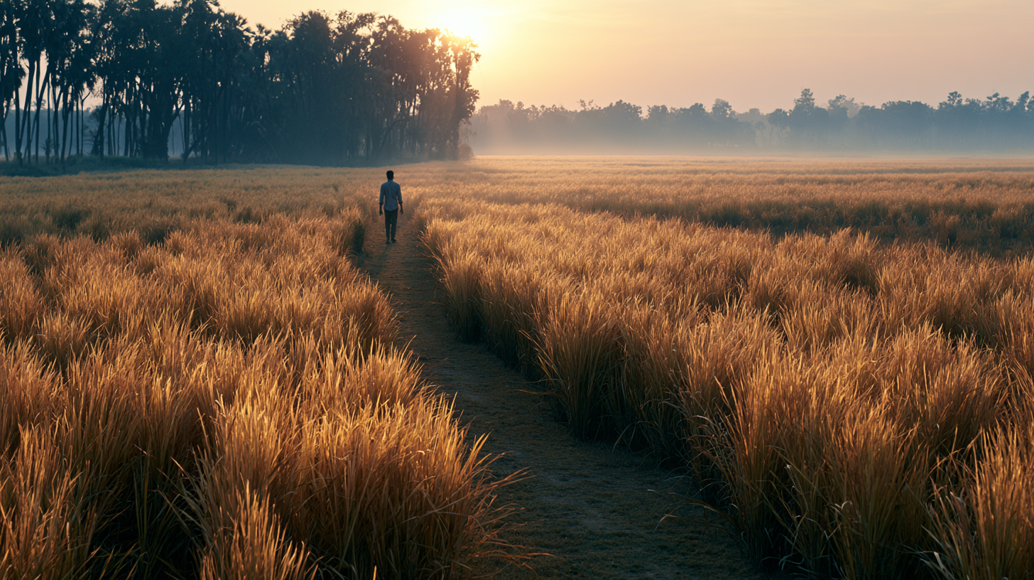 A field of sugarcane in soft Indian sunlight, a distant figure walking.