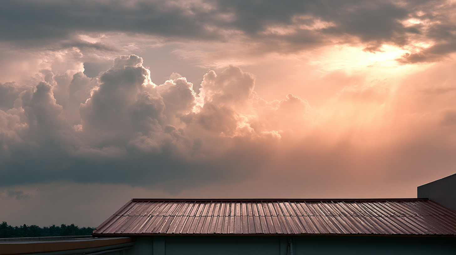 A soft Indian monsoon sky over a tin roof — macro forces.