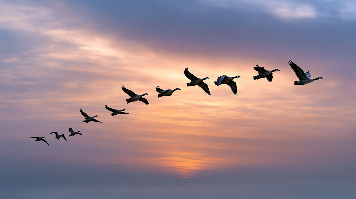 A flock of birds in an Indian dawn sky, a few flying ahead — relative strength.