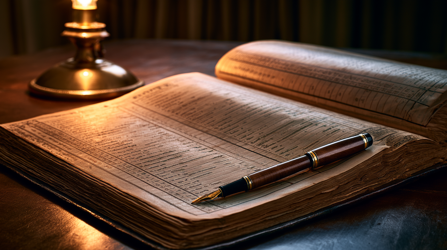 An old Indian bank ledger by lamplight.