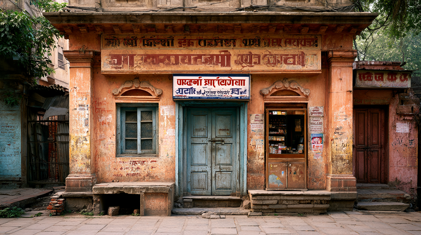 An old Indian shopfront with weathered signage — a business that has survived decades.