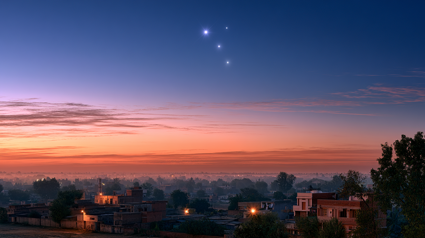 Three glowing stars in a pre-dawn Indian sky — first three of the seven signs.
