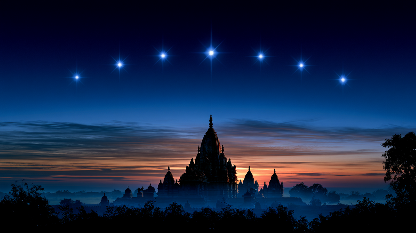 All seven stars now glowing equally bright in a clear pre-dawn Indian sky — the full seven-sign framework visible.