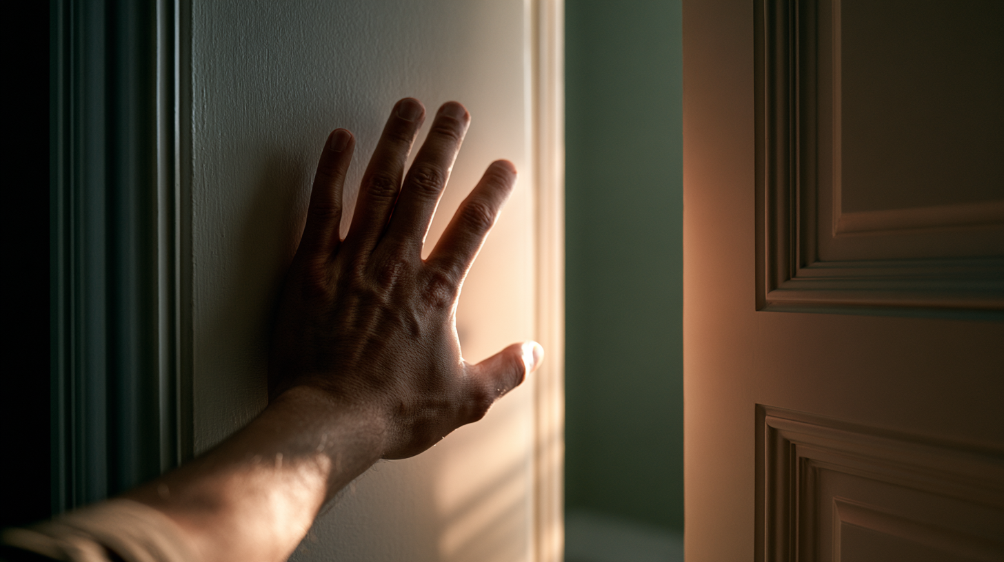 A single hand poised at a doorway threshold — the pause before buying.