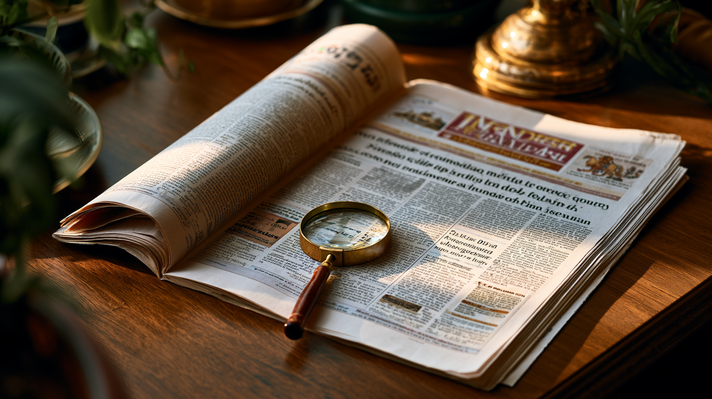 An open Indian newspaper with a magnifying glass — checking the facts.