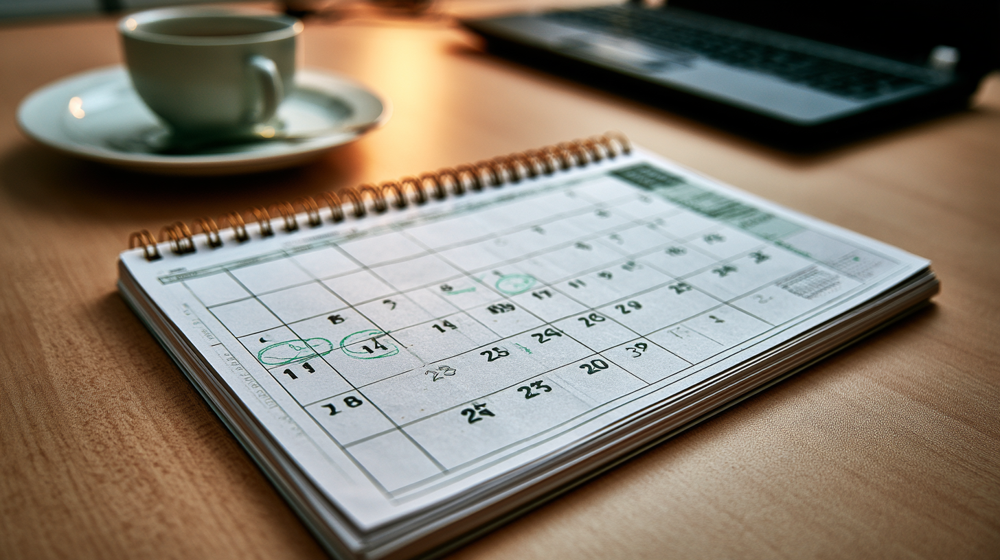 A wall calendar with green-pencil circles — tracking policy events.