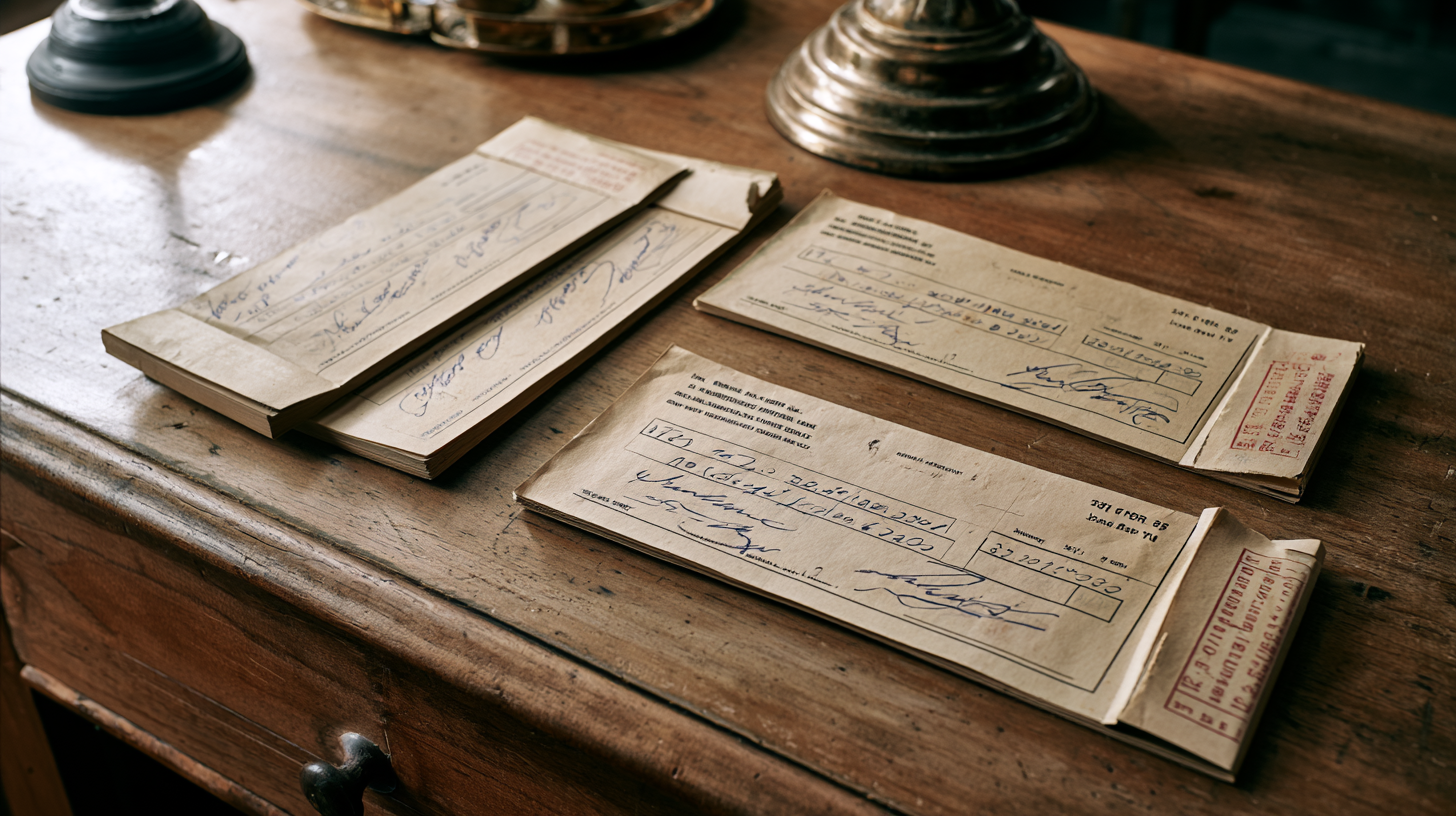 Three handwritten Indian bank cheques laid in sequence — buying in instalments.
