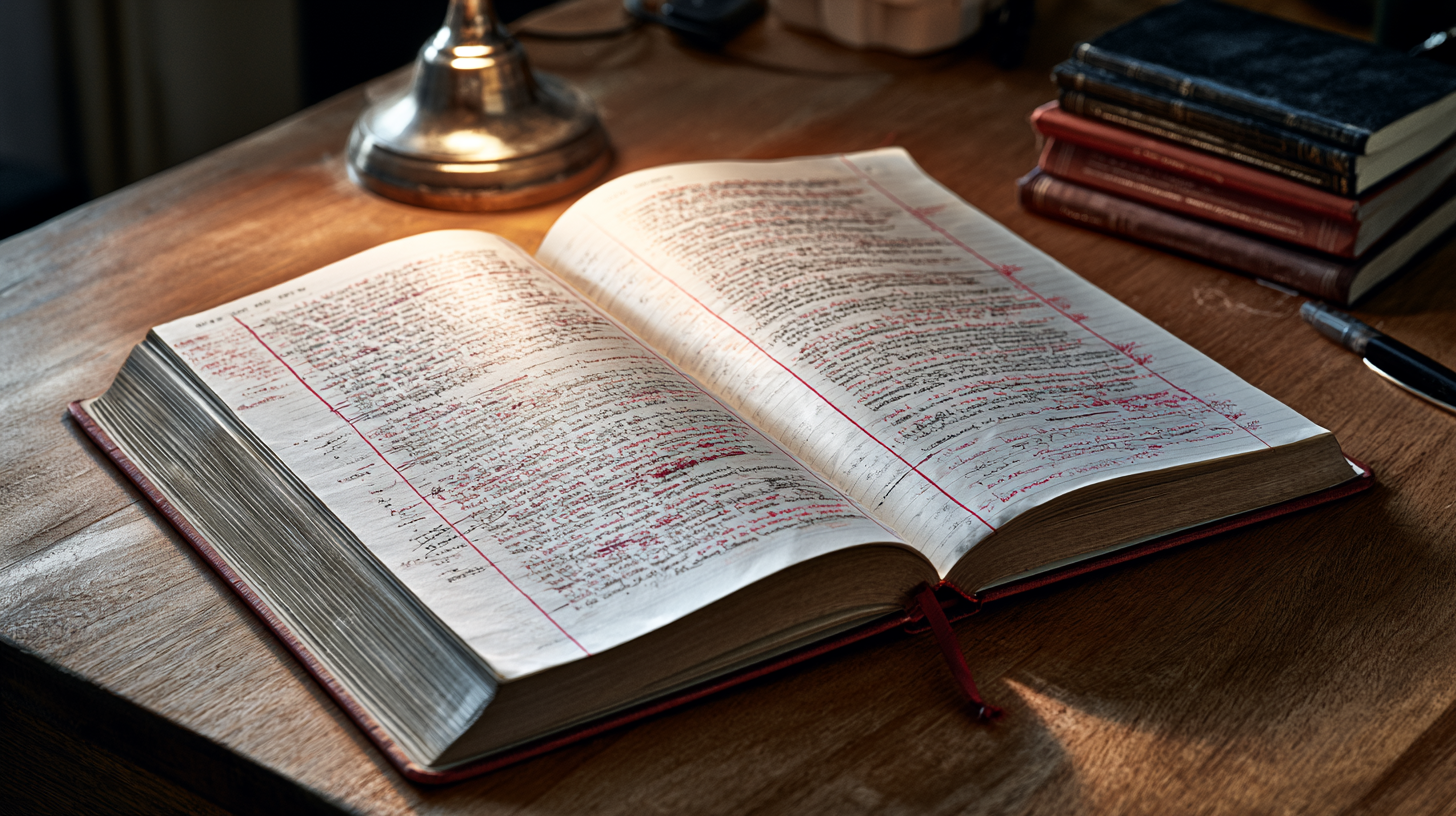 A handwritten journal with red-pen corrections — common mistakes.