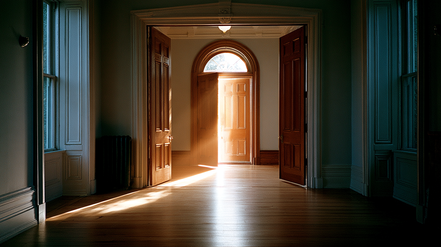 A doorway in soft late-afternoon light — knowing when to exit.