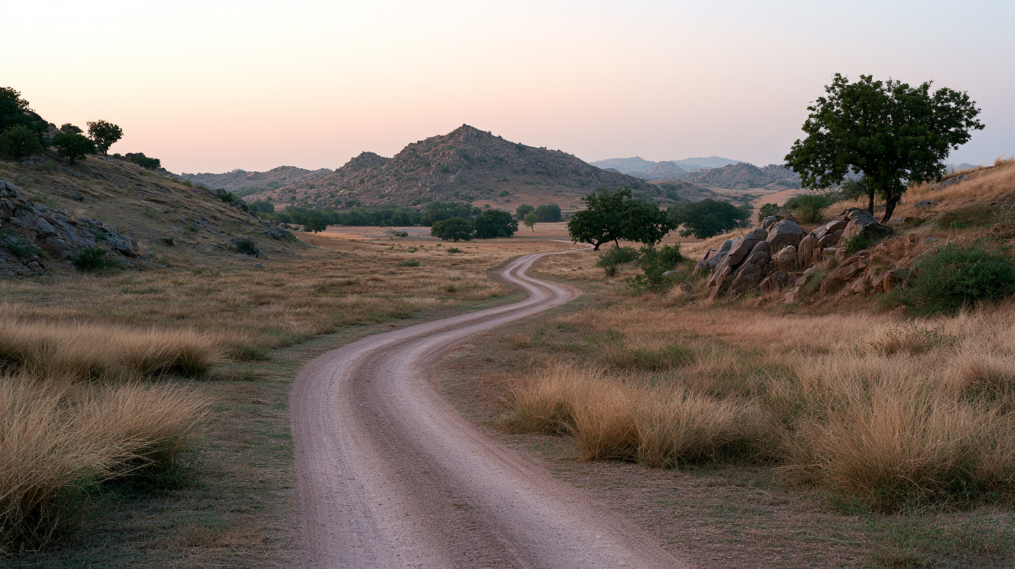 A soft winding path through a quiet Indian landscape, receding toward a dawn horizon — the journey just travelled.